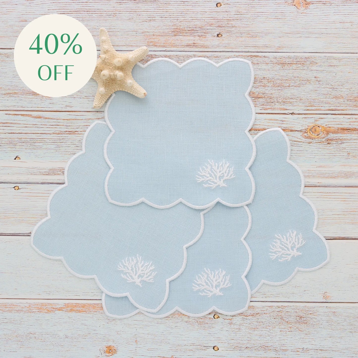 Scalloped cocktail napkins with Coral motif (set of 4)