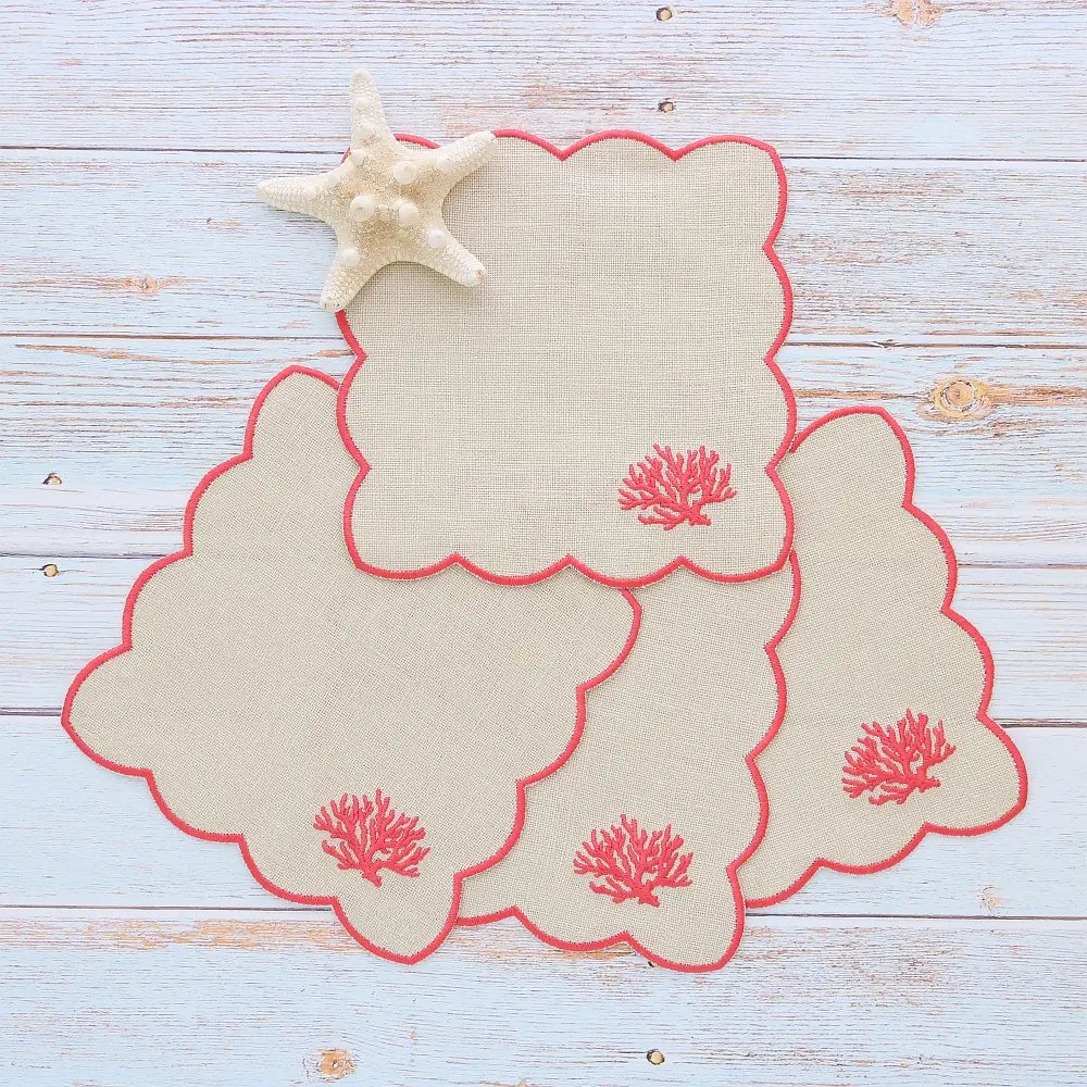 Scalloped cocktail napkins with Coral motif (set of 4)