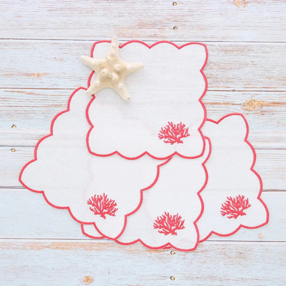 Scalloped cocktail napkins with Coral motif (set of 4)