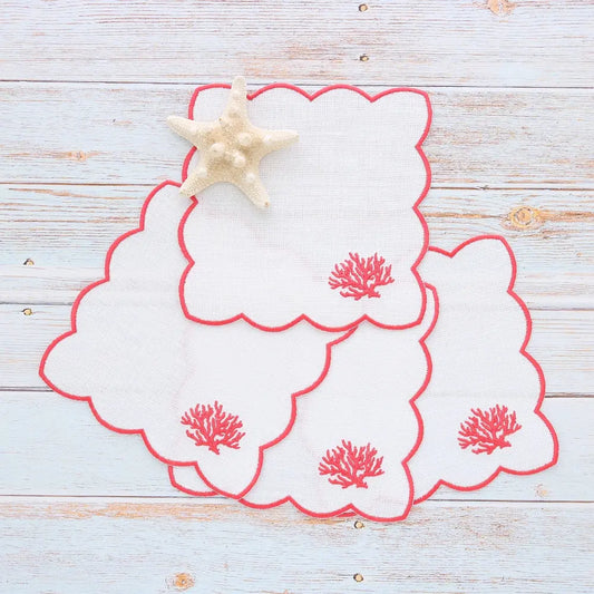 Scalloped cocktail napkins with Coral motif (set of 4)