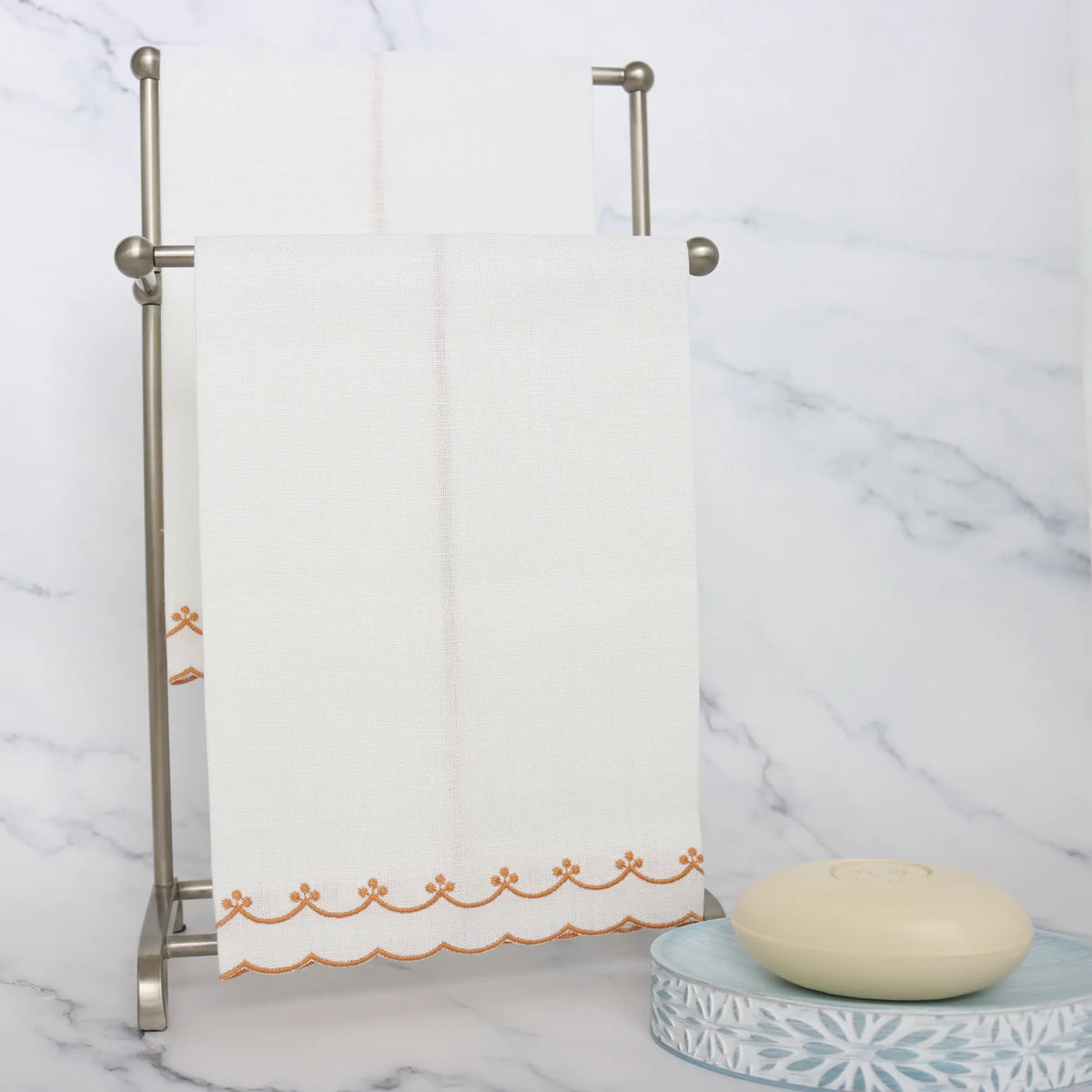 White Bergamo Scalloped Linen Guest Towel (each)