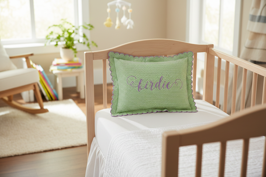 Green White Seersucker Baby Pillow on crib