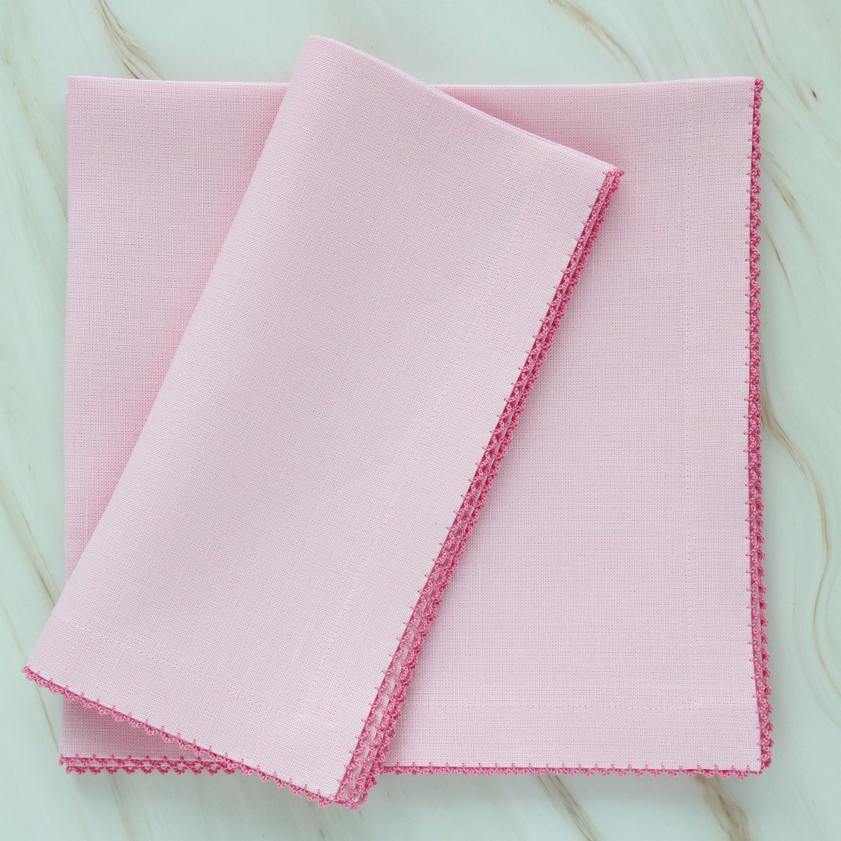 Candy Pink Linen Dinner Napkins with Wisteria Pink Picot Trim (each)