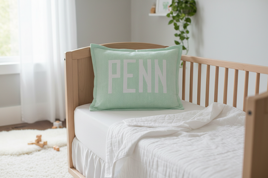 Mint Seersucker Baby Pillow on crib