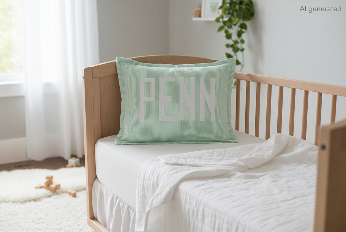 Mint Seersucker Baby Pillow on crib