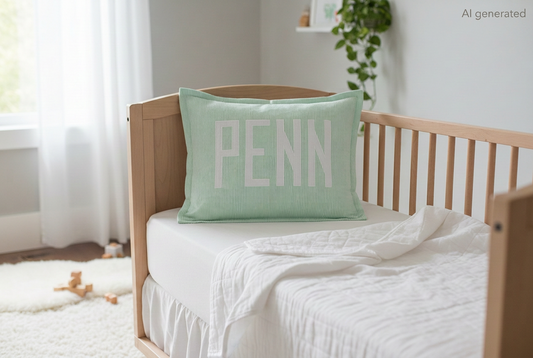 Mint Seersucker Baby Pillow on crib