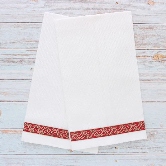 White Cotton Pique Christmas Ribbon Trim Guest Towel (each)