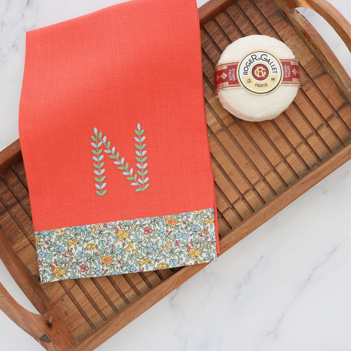 Small Coral Linen Guest Towel with Liberty London Wideband (each)