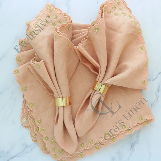 Apricot with Gold Daisies Scalloped Linen Napkins (each)