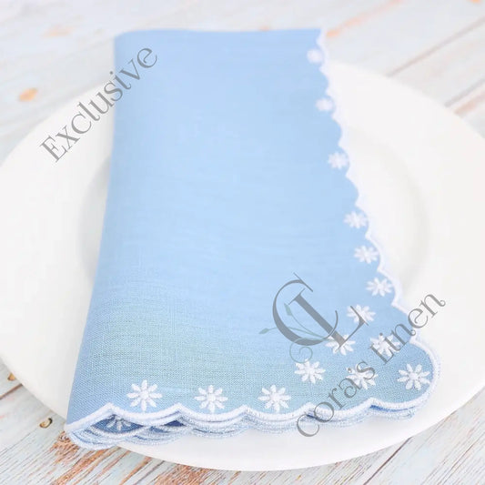 Bluebell Blue White Daisies Scalloped Linen Napkins (each)