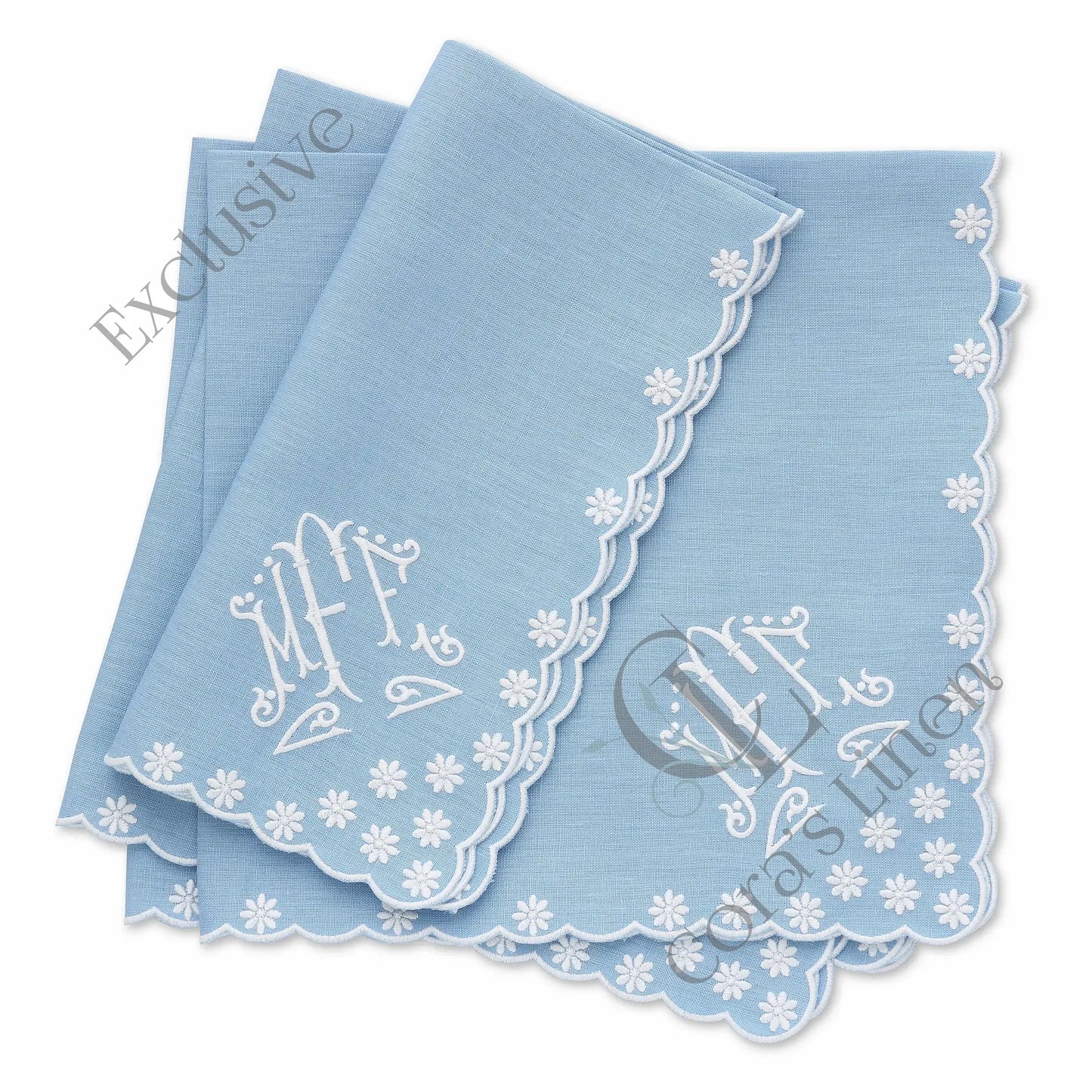 Bluebell Blue White Daisies Scalloped Linen Napkins (each)
