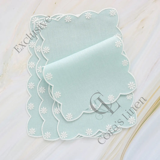 Mint Green Daisies Scallops Linen Cocktail Napkins (each)