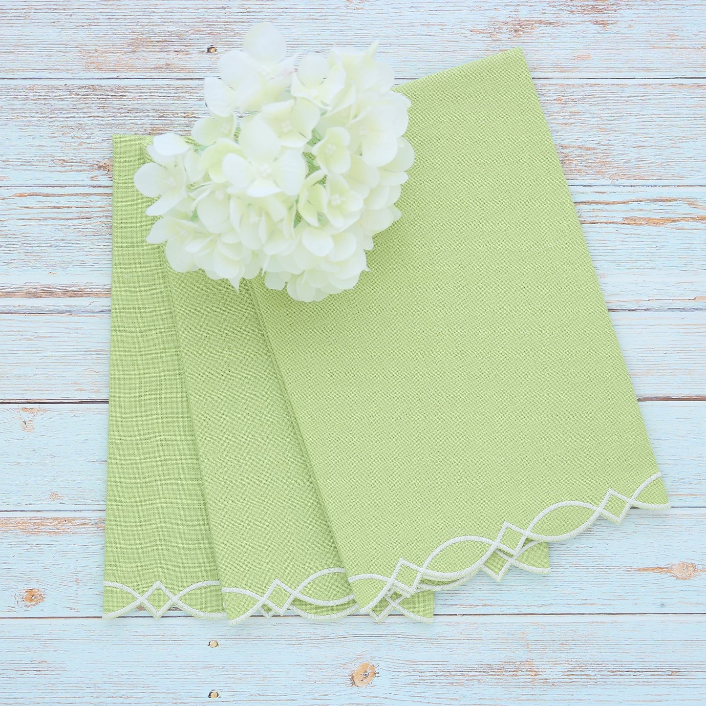 Modern Embroidered Edge Avocado Green / Cream Linen Guest Towel (each)