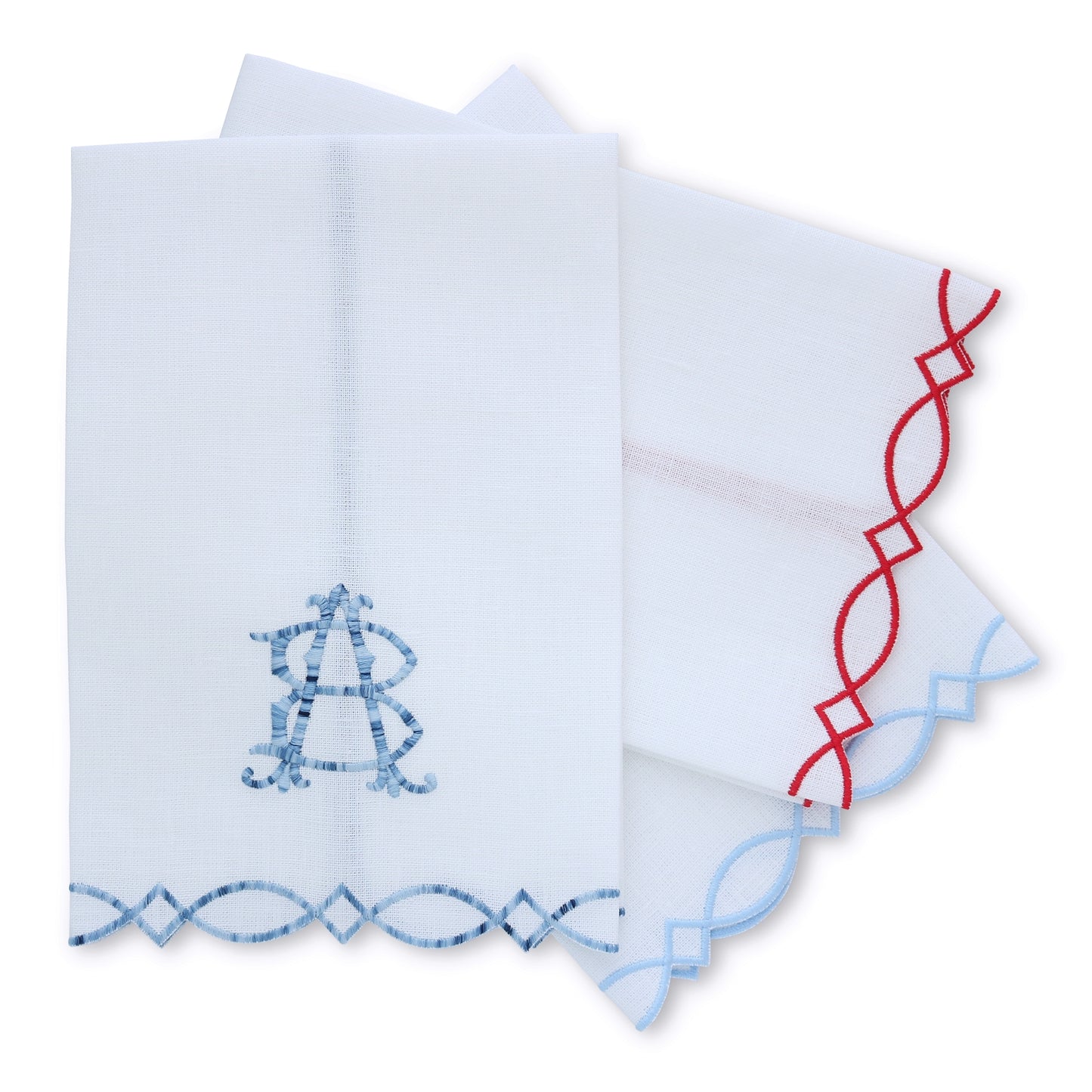 set of 3 White Donna embroidered guest towels in Blue and Red with variegated monogram AB