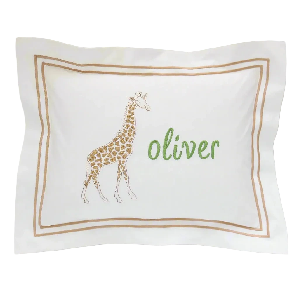 White pillowcase with double border with a giraffe embroidery and name Oliver
