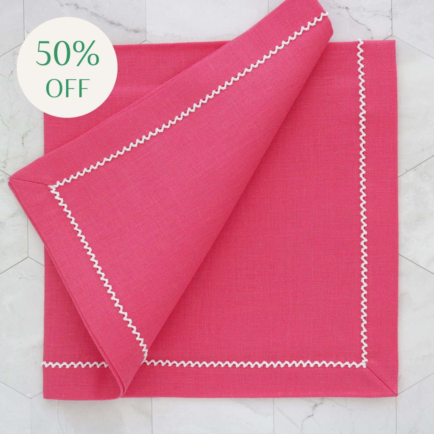 Lipstick Pink Linen Dinner Napkins with Inverted White Picot Trim (each)