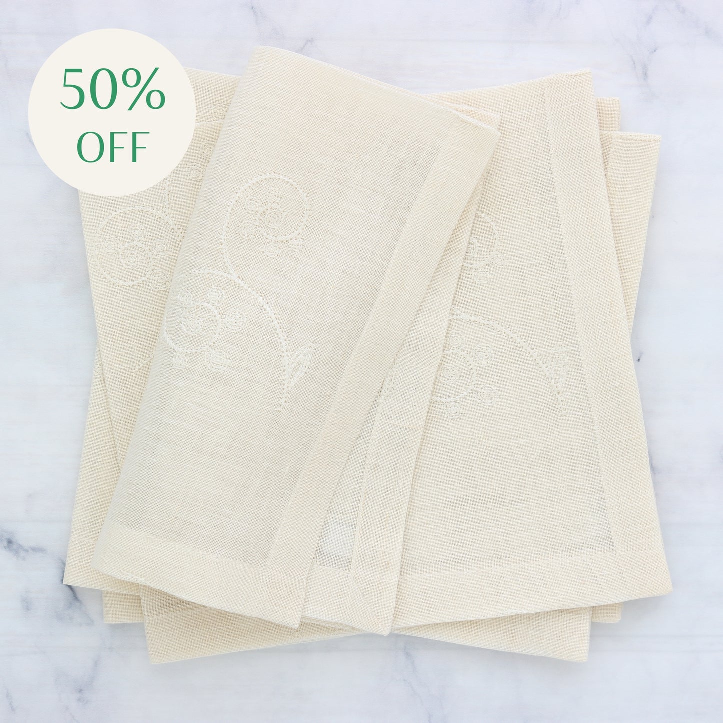 Cream sheer embroidered linen dinner napkins each)