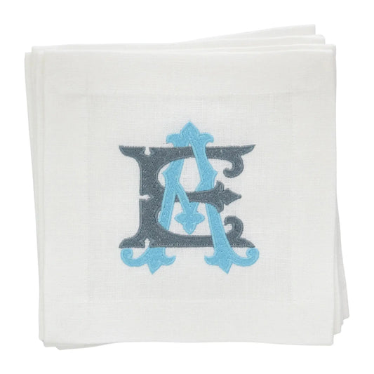 Set of 4 White square linen cocktail napkins, custom monogram EA, AE