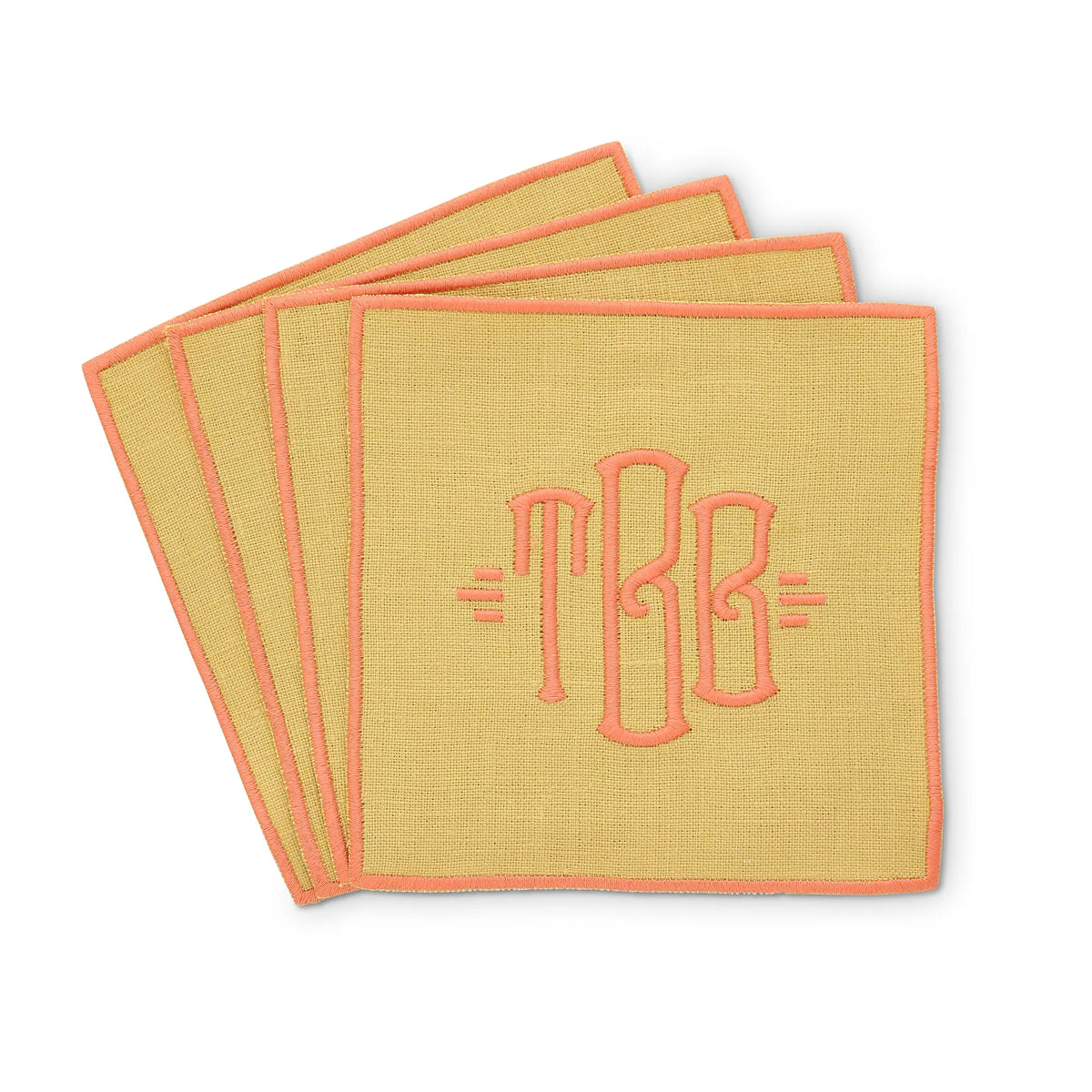 citron gold straight edge Turin cocktail napkin set of 4, arranged in an overlapping fan pattern with monogram TBB, handmade by Cora's Linen
