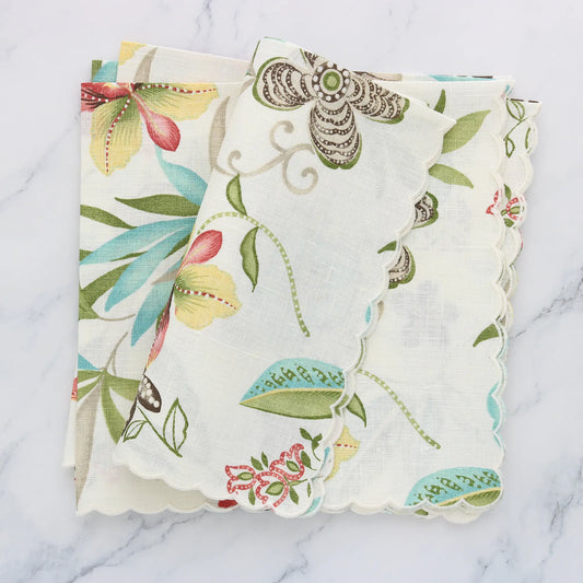 Verona Coral Flowers Scalloped Linen Dinner Napkins (each)