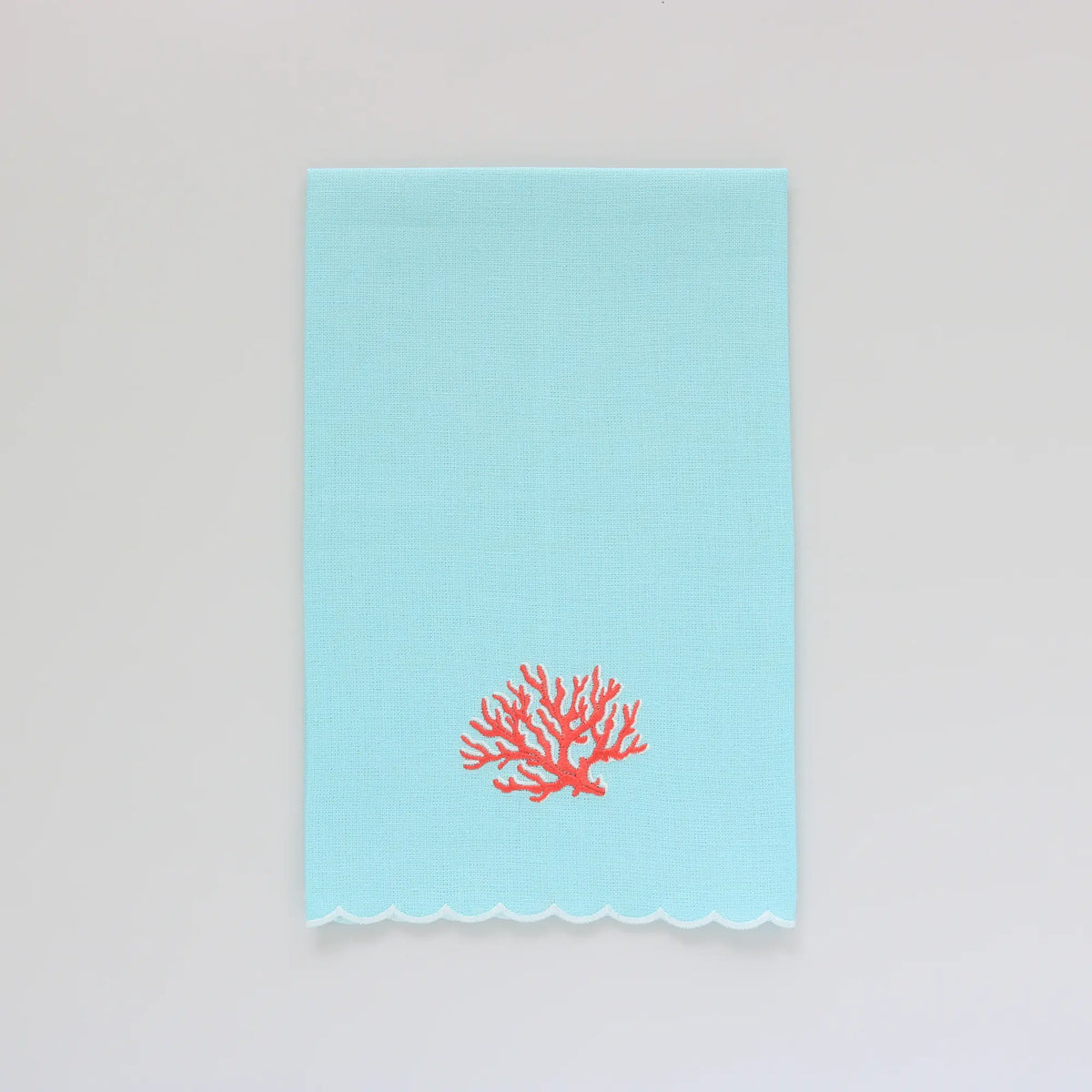 Corals on Aqua Scalloped Linen Guest Towel