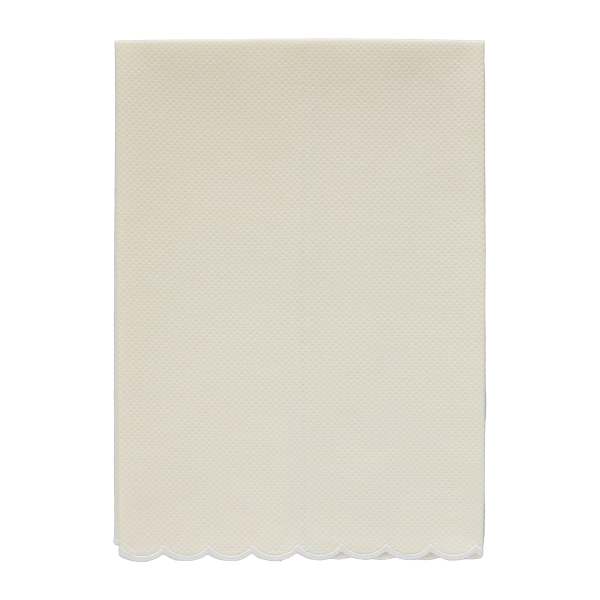 A pale yellow pique fingertip towel with a natural white scalloped edge