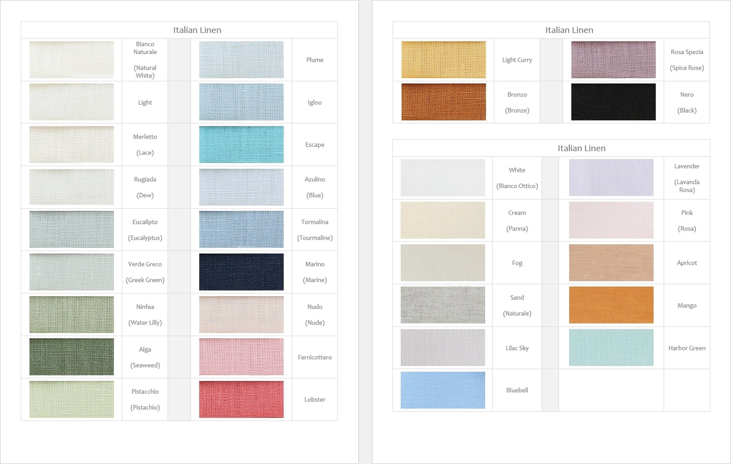 swatches of available Italian linen colors