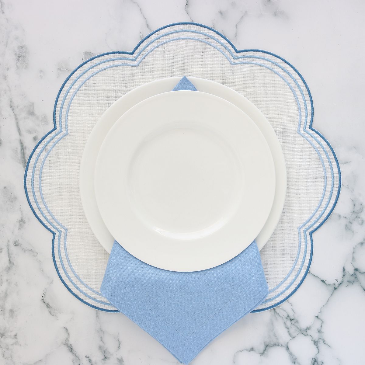 Blue on Off-White Bari Large Scallops Linen Placemats (each)