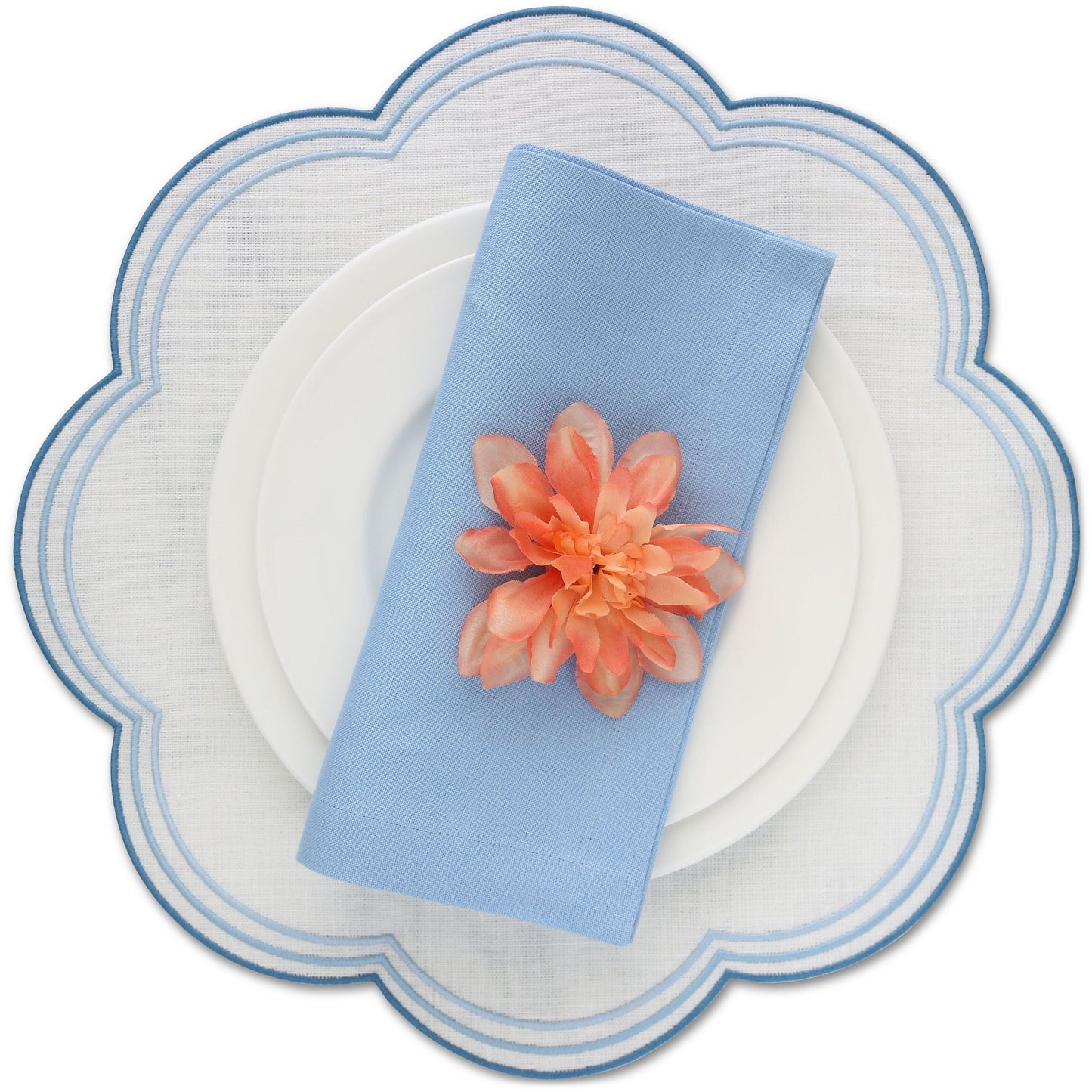 Blue on Off-White Bari Large Scallops Linen Placemats (each)