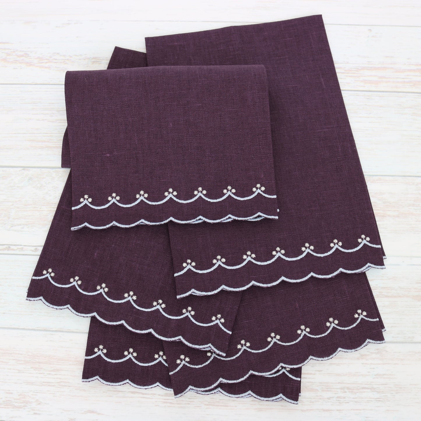 Eggplant and Light Blue Bergamo Scalloped Linen Guest Towel (each)