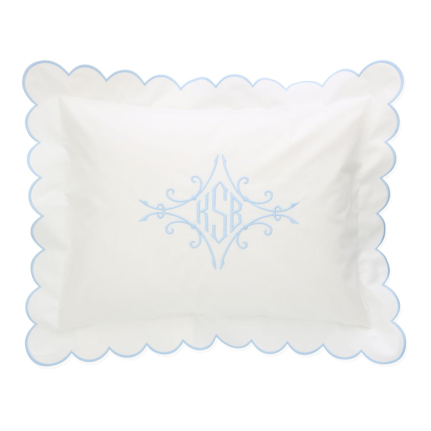 A scalloped percale boudoir sham with a monogram KSB in the center, displayed in white with blue detailing.