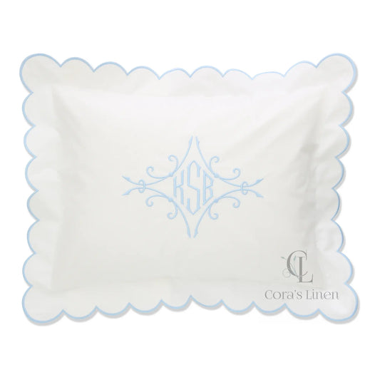 A scalloped percale boudoir sham with a monogram KSB in the center, displayed in white with blue detailing.
