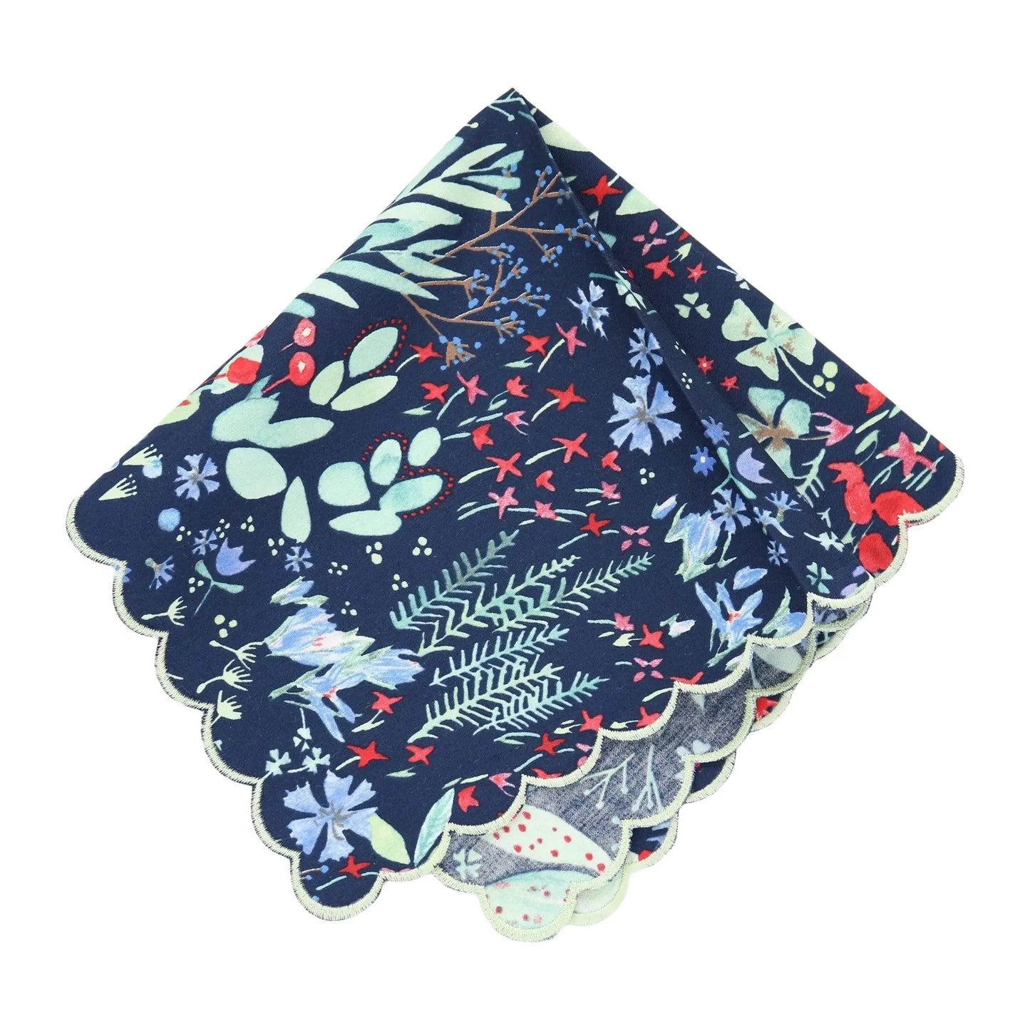 Set of floral patterned scalloped handkerchiefs on a white background