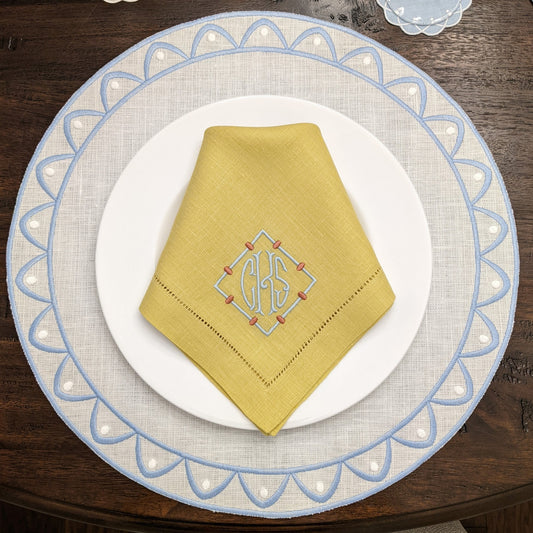 Andrew monogram CKS on a Sferra Festival hemstitched dinner napkin