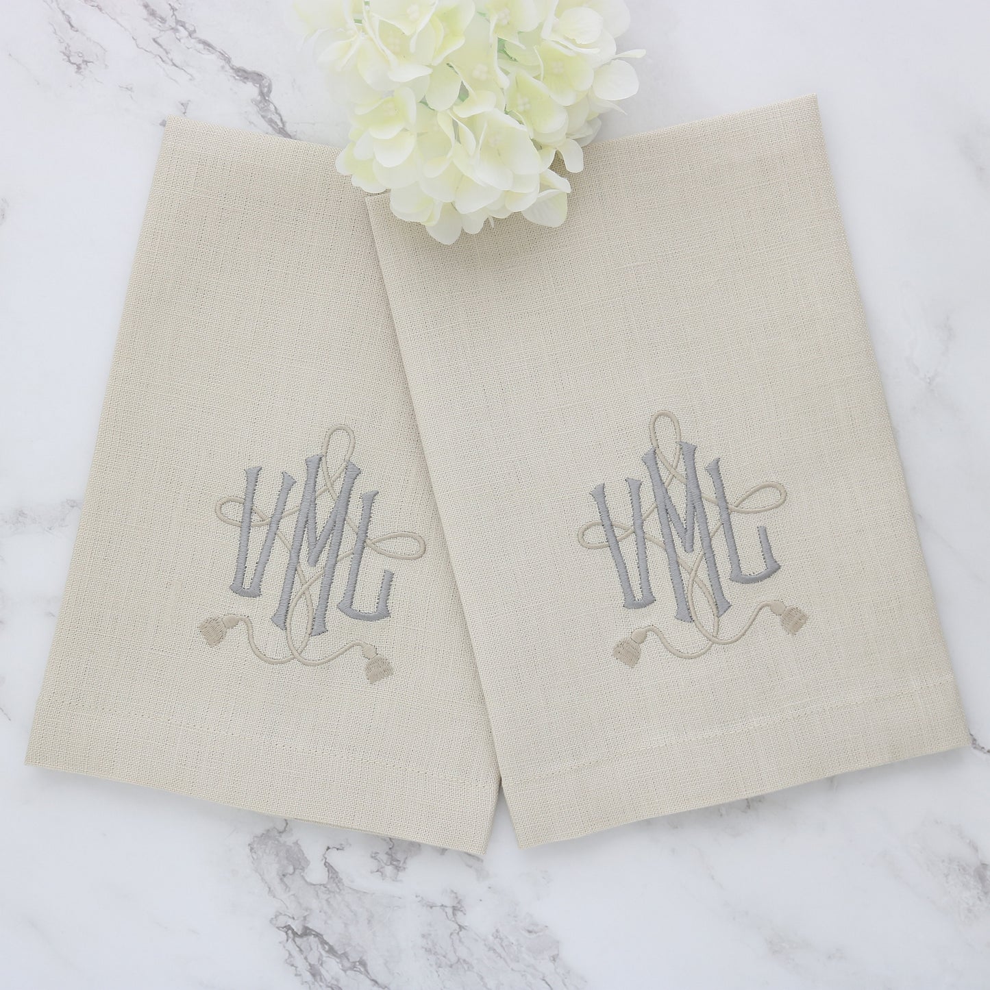 Cameron monogram VML on a set of two Sand linen guest towels