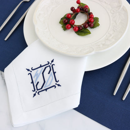 White hemstitched napkins in Italian Linen initials WSD in shades of Blue