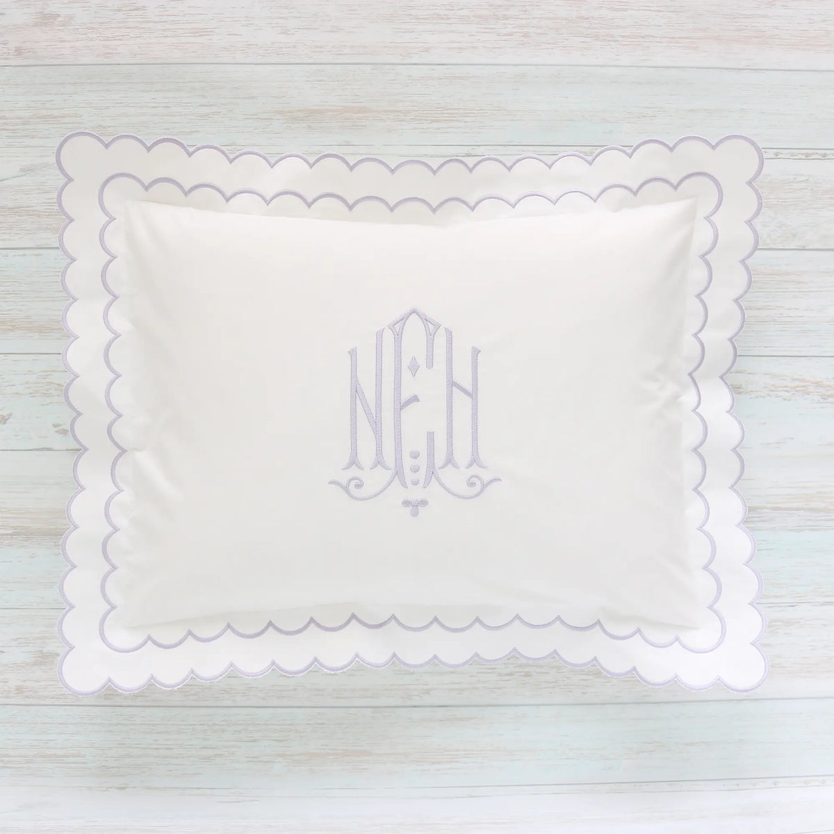 White cotton percale "Aurora" pillow with double scalloped edge and monogram NFH