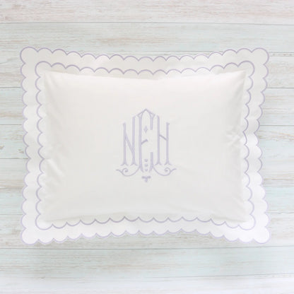White cotton percale "Aurora" pillow with double scalloped edge and monogram NFH