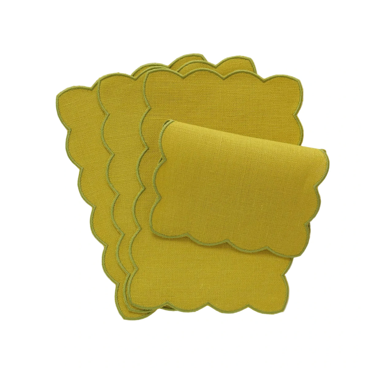 Set of citrus cocktail napkins with green scalloped edges by Cora's Linen