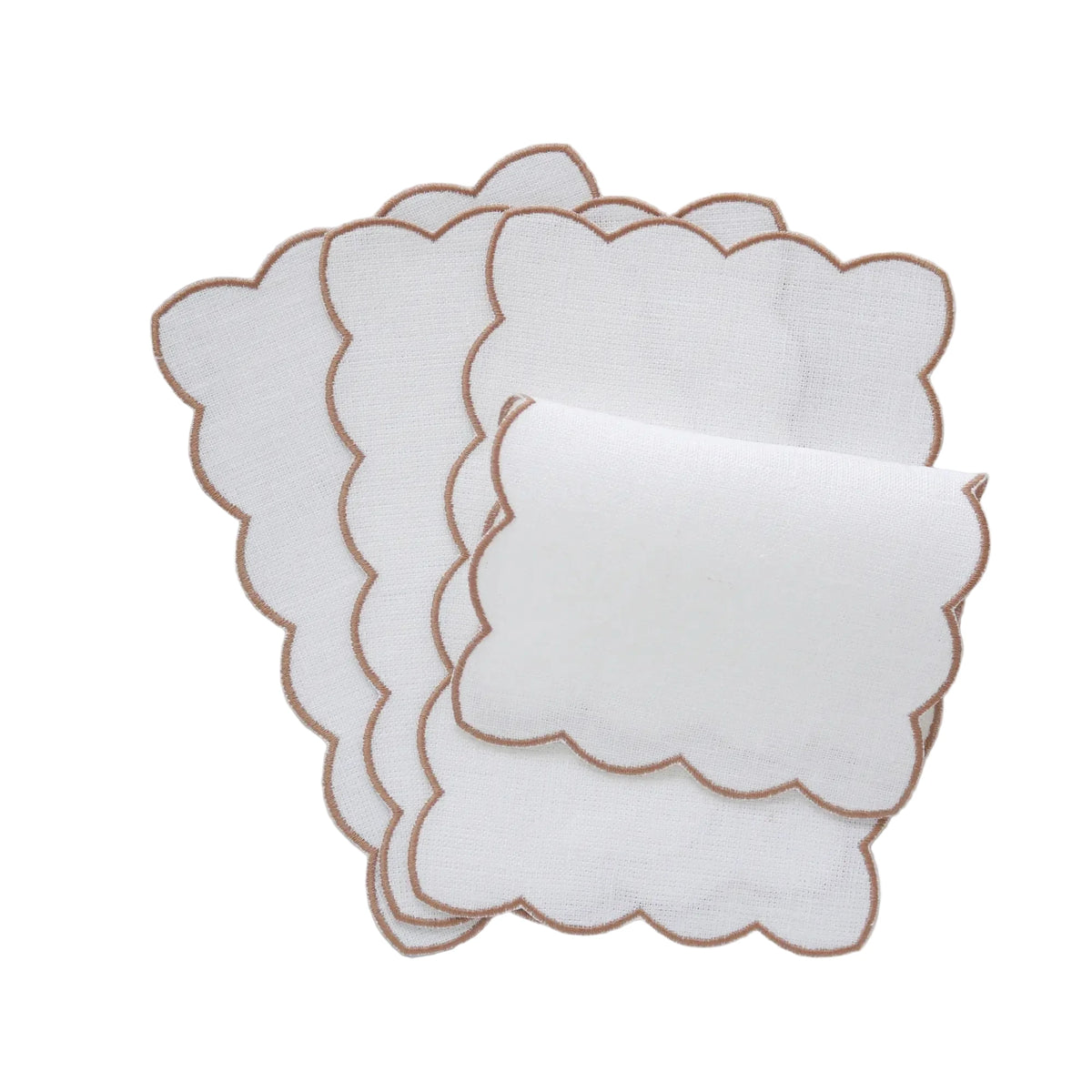 Set of white cocktail napkins with brown scalloped edges by Cora's Linen