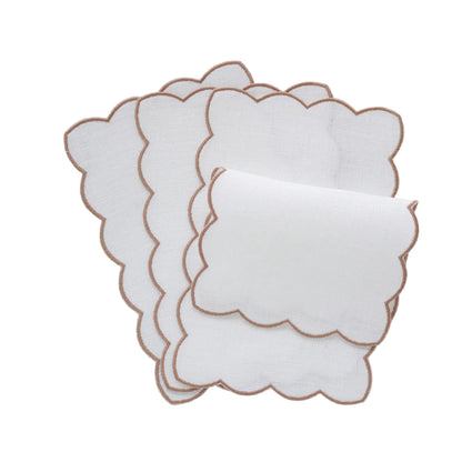 Set of white cocktail napkins with brown scalloped edges by Cora's Linen