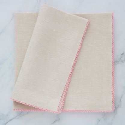Serviettes de table en lin de plage avec bordure picot rose pétale (lot de 4)