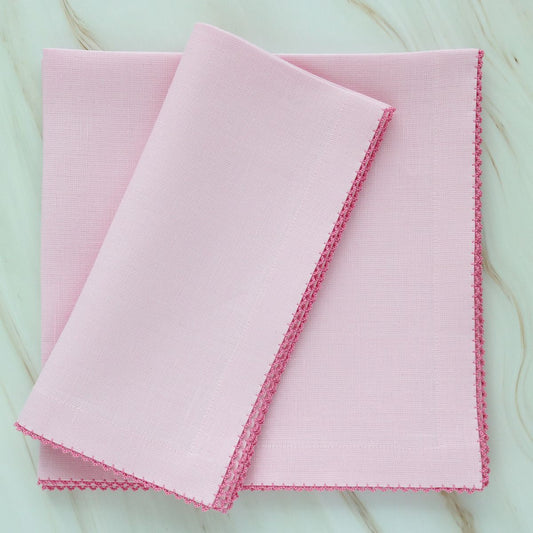 Tovaglioli da pranzo in lino rosa confetto con finiture in picot rosa glicine (set di 4)