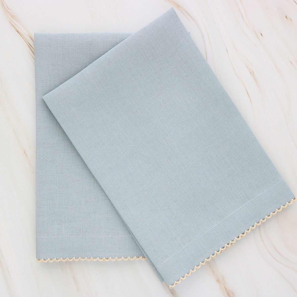 Ciel Blue linen guest towels with Flaxon natural edge picot trim