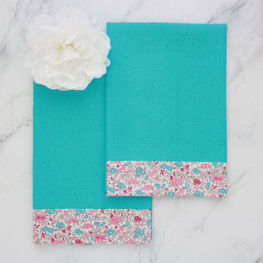 Small Aqua Linen Guest Towels with Liberty London Wideband (each)