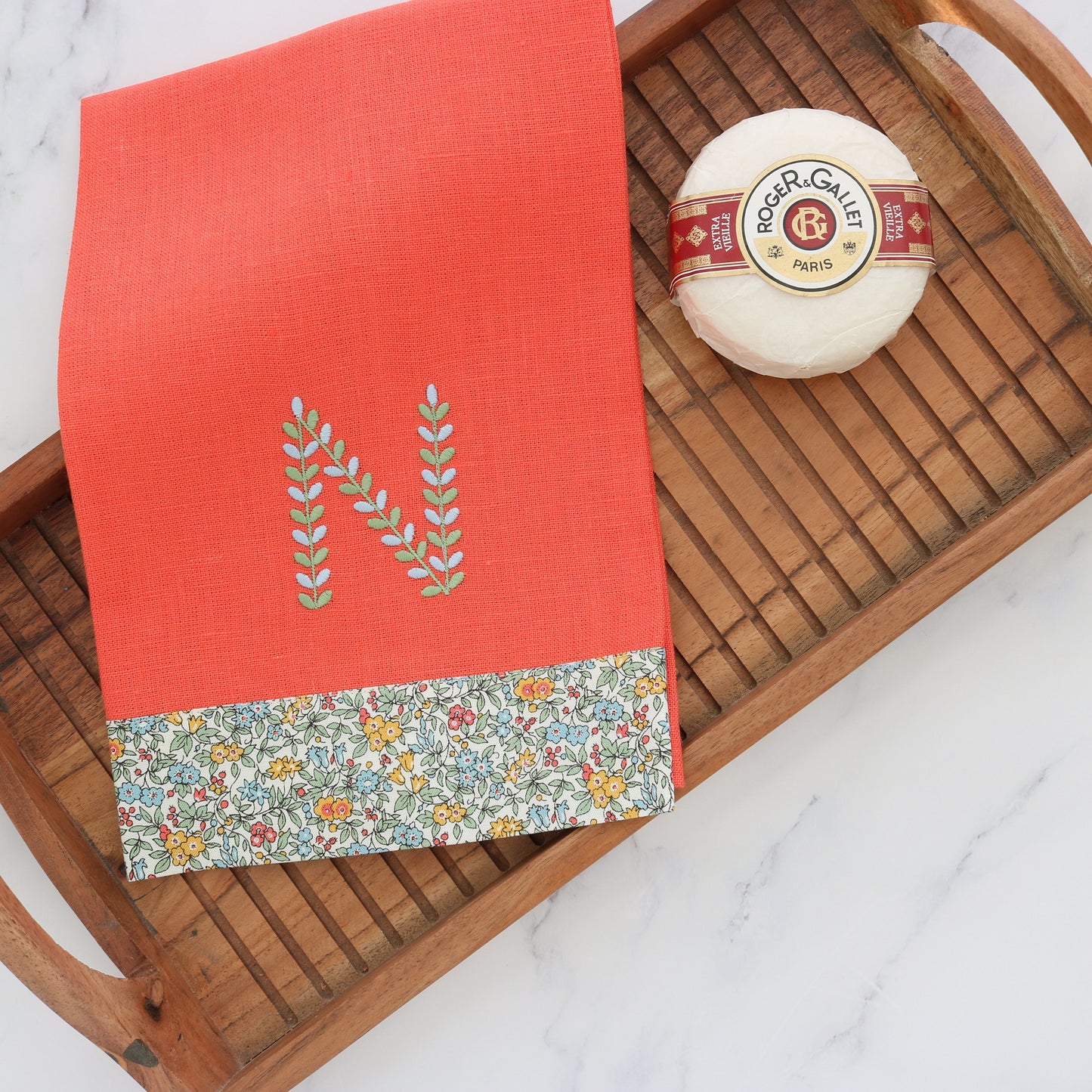 Small Coral Linen Guest Towels with Liberty London Wideband (each)