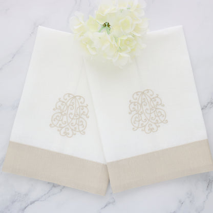 Tan & White Wideband Linen Guest Towels (each)