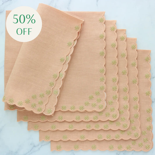 Apricot with Gold Daisies Scalloped Linen Napkins (each)