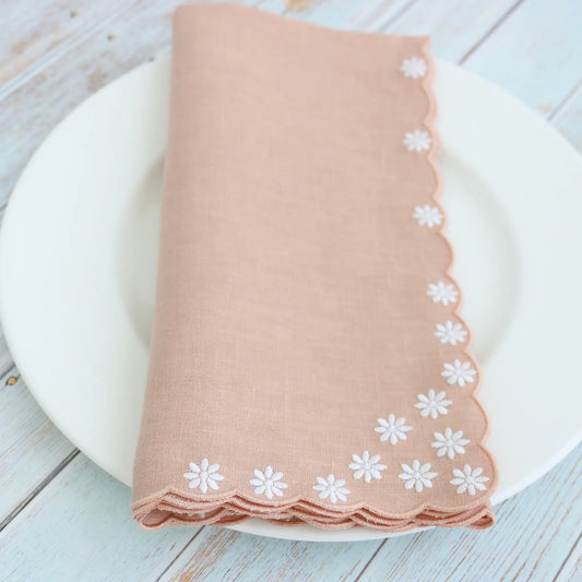 Apricot with White Daisies Scalloped Linen Napkins (each)