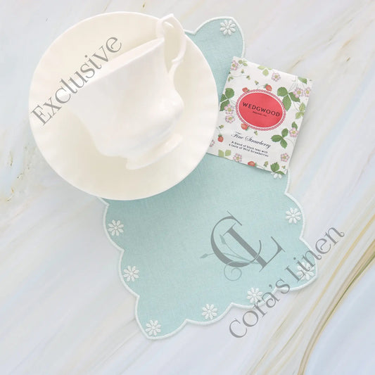 Mint Green Daisies Scallops Linen Cocktail Napkins (each)